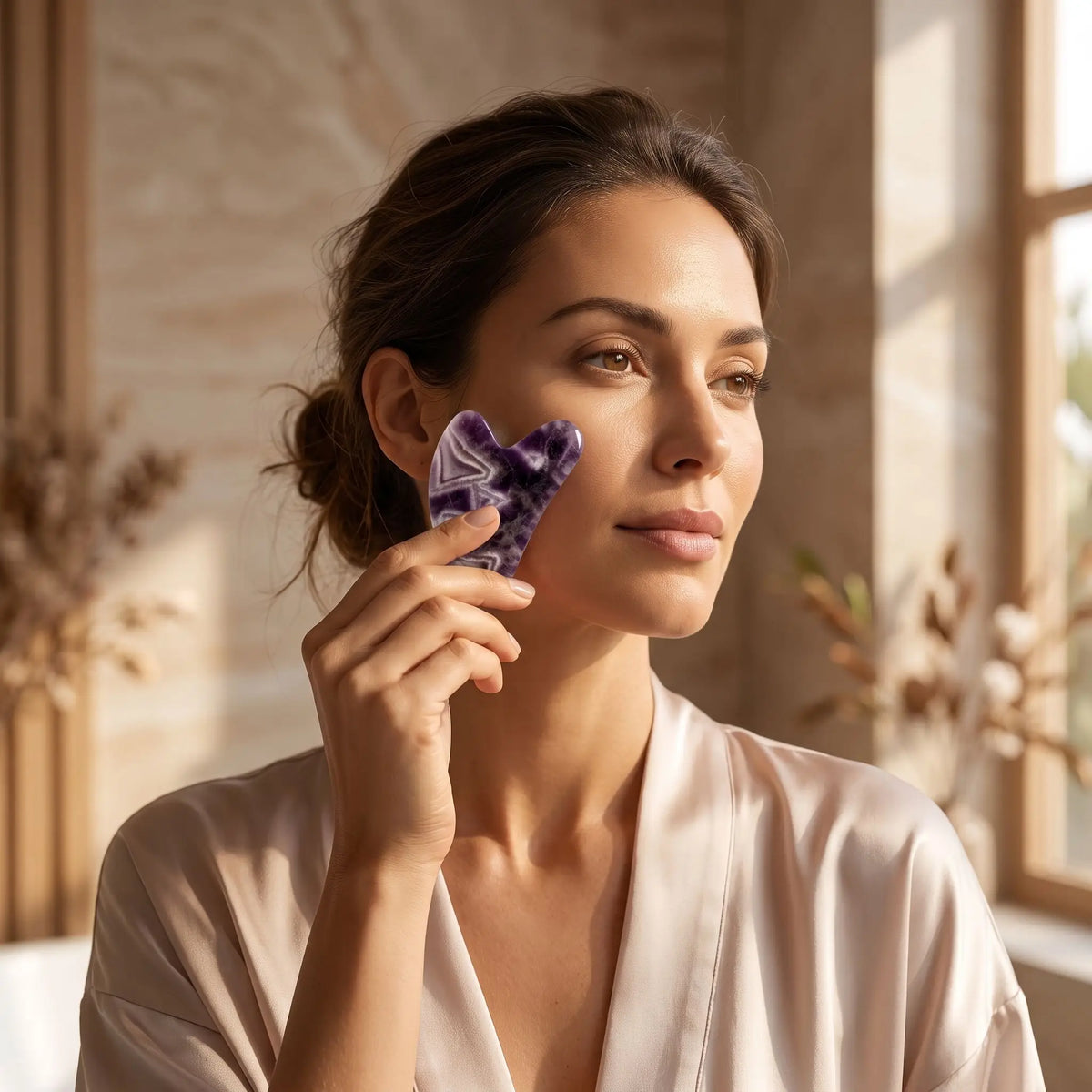 Une femme utilise le gua sha en améthyste.