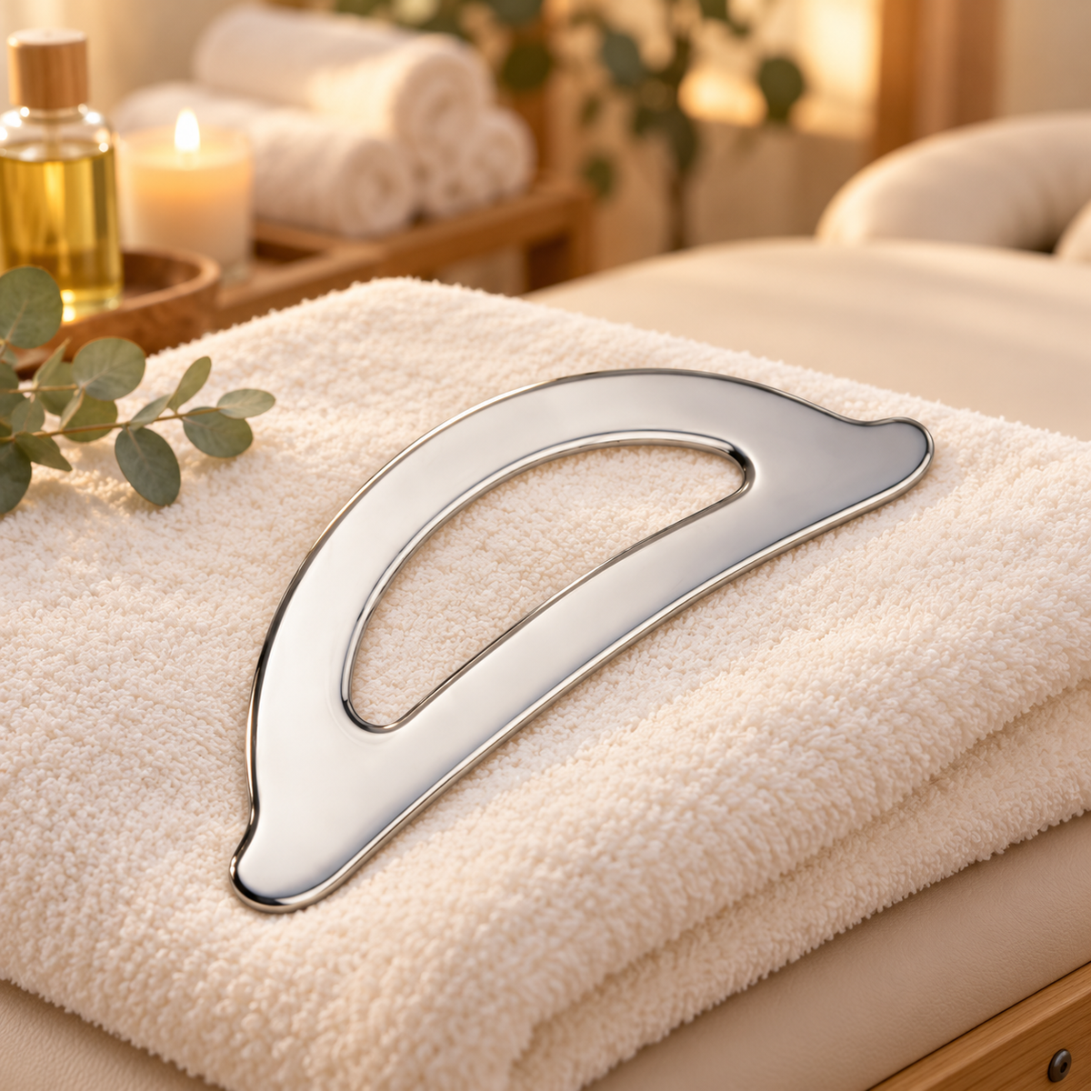 Gua sha corps en acier sur table de spa