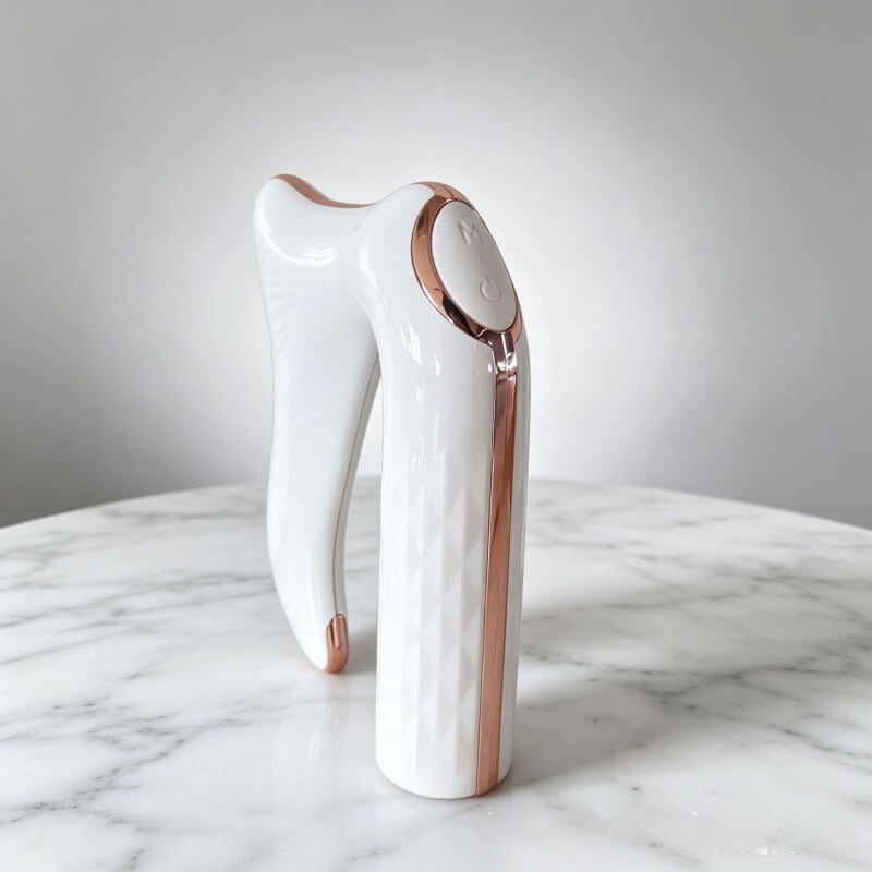 Gua sha électrique blanc et rose doré sur marbre