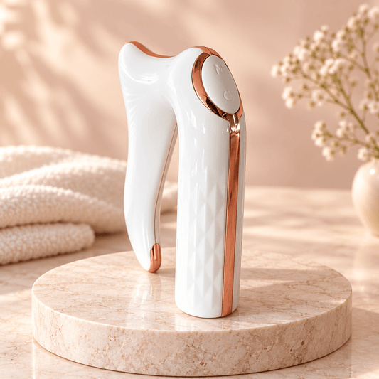 Gua sha électrique blanc et rose doré sur socle
