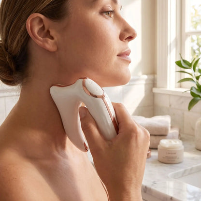 Femme utilisant un gua sha électrique sur le cou