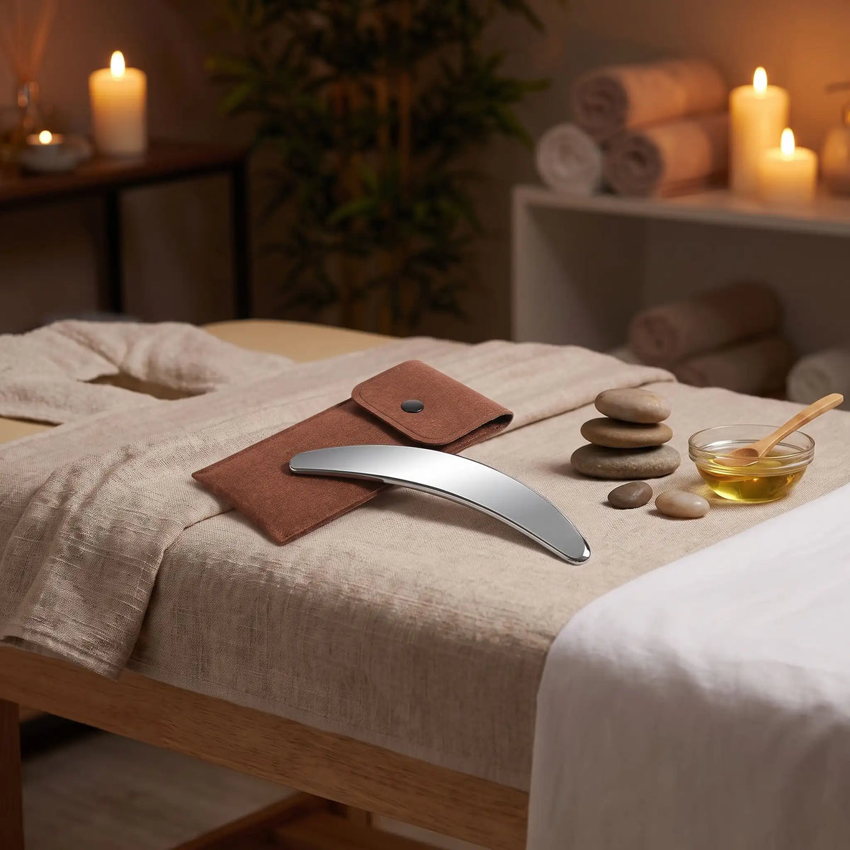 Gua sha corps en acier inoxydable, modèle E, prêt à utiliser.