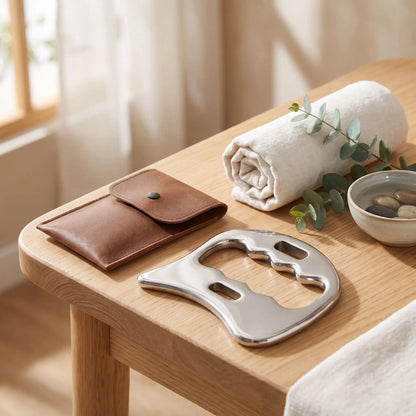 Gua sha corps en acier inoxydable, modèle D sur la table .
