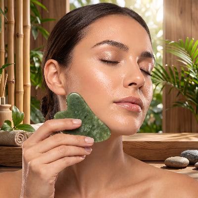 Femme massant sa mâchoire avec un gua sha en jade vert