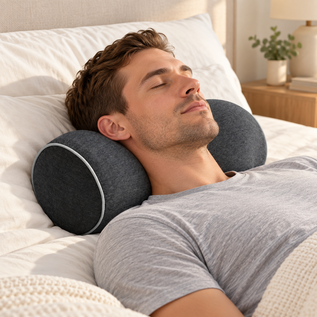 Homme allongé utilisant un oreiller cervical sous son cou