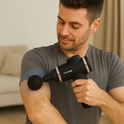Homme soulagement tention avec pistolet de massage mini 