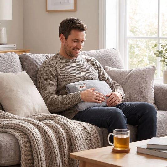 Homme utilisant bouillotte electrique rechargeable sur son ventre