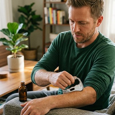 Homme utilisant Gua sha en acier sur le bras