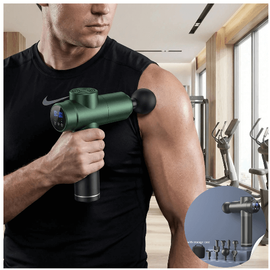 Homme sportif avec pistolet masseur récupération musculaire variant gris