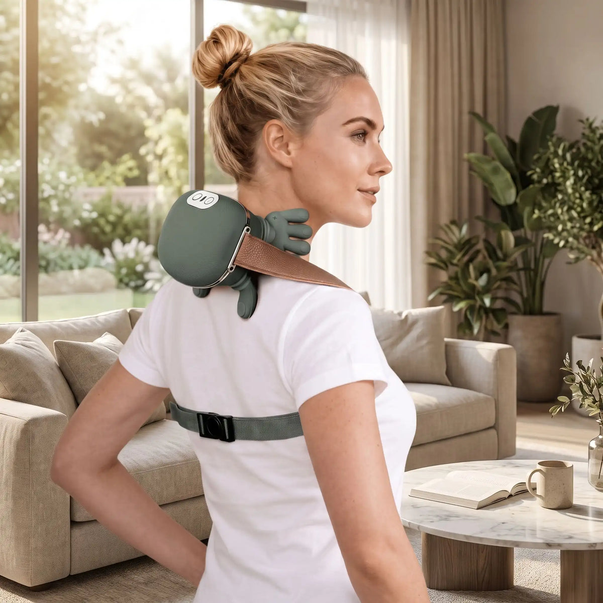 Femme portant un masseur cervical vert dans un salon.
