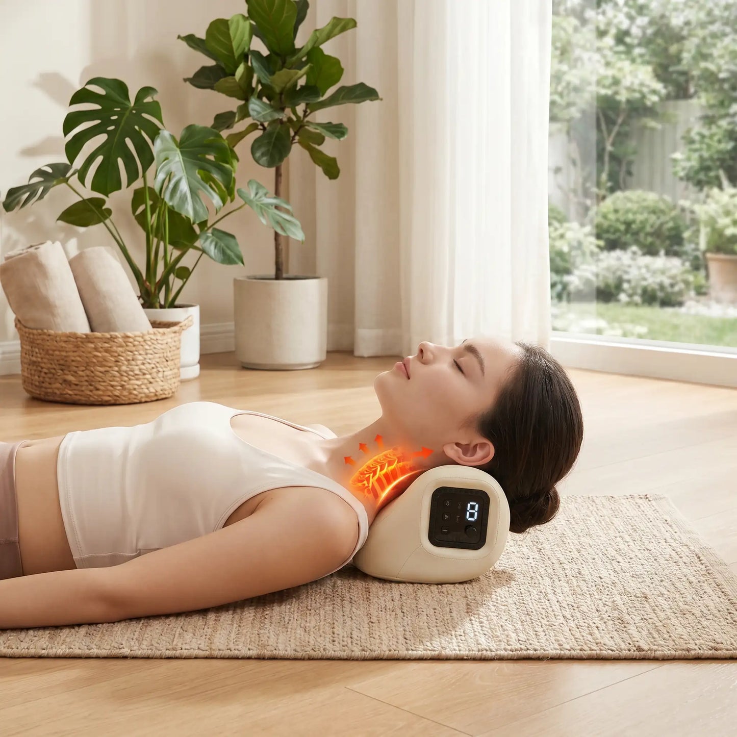 Femme utilisant masseur cervical 