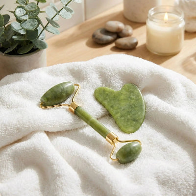 rouleau de jade gua sha sur la serviette