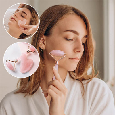 rouleau de jade rose pour massage visage deux pieces
